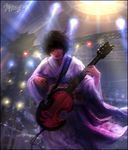  black_hair concert guitar instrument japanese_clothes kimono mole mole_above_mouth real_life real_life_insert shiina_ringo short_hair solo studio_yang 