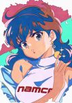  1girl blue_jacket breasts character_charm charm_(object) clothes_writing commentary ear_focus earrings flat_color glint head_tilt inky_(pac-man) jacket jewelry kanda_momo long_hair looking_at_viewer medium_breasts nail_polish namco off-shoulder_jacket off_shoulder open_clothes open_jacket pac-man pac-man_(game) parted_lips pink_nails shimadai587779 shirt sleeveless sleeveless_shirt solo turtleneck turtleneck_shirt wavy_hair white_shirt wonder_momo 