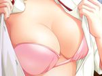  bra breasts cleavage close-up game_cg hands head_out_of_frame large_breasts lingerie mochizuki_nozomu mome!_chichi_shimai_katei_kyoushi_11nin open_clothes open_shirt pink_bra shirt solo underwear white_shirt 