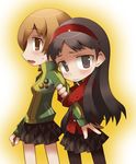  amagi_yukiko badge black_hair black_skirt blush brown_eyes brown_hair hairband jacket long_hair long_sleeves looking_at_viewer miniskirt multiple_girls pantyhose persona persona_4 satonaka_chie school_uniform skirt standing tareme track_jacket very_long_hair watabow 