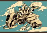  2boys aqua_background bad_id bad_pixiv_id bird goggles hover_bike kajimiya_(kaji) letterboxed machine monochrome multiple_boys original science_fiction sky sword weapon yellow 