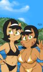 2025 anthro big_breasts bikini black_bikini black_clothing black_swimwear breasts claws cleavage clothed clothing daughter_(lore) dbaru domestic_cat duo felid feline felis female finger_claws fur gesture gold_bikini golden_week green_eyes hand_gesture hand_on_hip hi_res holidays kitty_katswell looking_at_viewer looking_away mammal mature_anthro mature_female midriff mother&#039;s_day mother_(lore) mother_and_child_(lore) mother_and_daughter_(lore) mrs._katswell navel nickelodeon parent_(lore) parent_and_child_(lore) parent_and_daughter_(lore) seaside swimwear t.u.f.f._puppy tan_body tan_fur two-piece_swimsuit v_sign water