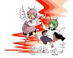  @_@ ^_^ antennae bad_id bad_pixiv_id bird cape closed_eyes eating fujikawa_(lowname) green_hair multiple_girls mystia_lorelei pigeon pink_hair tears thighhighs touhou wings wriggle_nightbug 