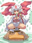  animal_ears borrowed_character breasts cleavage fish japanese_clothes looking_at_viewer medium_breasts mouth_hold obebe_(kitsune_choukan) original platypus pointing pointing_at_viewer red_eyes ryuno scarf solo squatting tail white_hair 