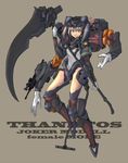  bad_id bad_pixiv_id cyborg gloves grin gun hair_ribbon highres mecha_musume multiple_arms original prosthesis purple_hair red_eyes ribbon scythe short_hair sigama smile solo twintails weapon 