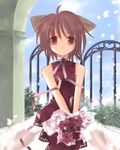  animal_ears bouquet brown_hair cat_ears flower gates red_eyes short_hair 