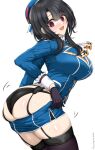  1girl ascot ass beret black_gloves black_hair black_panties black_thighhighs blue_hat blue_skirt blush breasts chamumi_(mochiumee) commentary_request cowboy_shot embarrassed garter_straps gloves hat kantai_collection large_breasts looking_at_viewer military military_uniform open_mouth panties red_eyes short_hair skirt solo takao_(kancolle) thighhighs underwear undressing white_background 