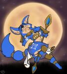2024 4_fingers 4_toes absurd_res accessory anthro armor barefoot biped black_claws black_eyebrows black_nose blue_body blue_ears blue_fur blue_tail bottomwear butt canid canine cheek_tuft claws clothed clothed_anthro clothed_male clothing collar cosplay crossdressing crossover crossover_cosplay digitigrade dipstick_tail disney eyebrows eyelashes facial_tuft feet femboy finger_claws fingers floating fox full_moon fur furgonomics gold_(metal) gold_armor gold_bra gold_collar gold_jewelry gold_necklace green_eyes half-closed_eyes hi_res holding_object holding_staff jewelry krystal_(star_fox) loincloth looking_at_viewer male male_anthro mammal markings metal_collar moon mouth_closed multicolored_body multicolored_fur narrowed_eyes necklace nick_wilde night nintendo outside ring shoulder_guard signature smile smirk snout solo staff star_fox tail tail_accessory tail_jewelry tail_markings tail_ring tan_body tan_fur tan_inner_ear theoryofstrings toe_claws toes tuft vambrace white_bottomwear white_clothing white_loincloth zootopia