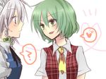  ? ascot bad_id bad_pixiv_id green_eyes green_hair heart heart_of_string izayoi_sakuya kanaritu kazami_yuuka multiple_girls plaid plaid_vest ribbon short_hair spoken_heart touhou upper_body vest white_background 