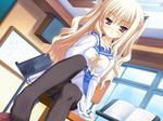  1girl blond_hair blonde_hair blush bra-ban! desk feet footjob game_cg hibarigaoka_yuki long_hair muririn no_shoes pantyhose purple_eyes school school_uniform serafuku sitting solo toes twintails uniform violet_eyes 