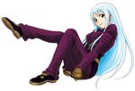  blue_hair bodysuit coelacanth_(gyotaku) gloves hands_under_legs kula_diamond leg_up long_hair looking_at_viewer red_eyes simple_background sitting smile solo the_king_of_fighters white_background 