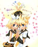  1girl bad_id bad_pixiv_id belt blonde_hair blue_eyes blush brother_and_sister cupcake detached_sleeves food hair_ornament hairclip headphones kagamine_len kagamine_rin kawagoe_pochi short_hair siblings star twins vocaloid 