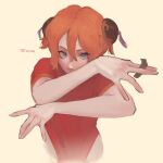  1girl blue_eyes bun_cover china_dress chinese_clothes covered_mouth double_bun dress fighting_stance gintama hair_between_eyes hair_bun hands_up highres kagura_(gintama) looking_at_viewer orange_hair patison231 red_dress short_hair short_sleeves solo upper_body yellow_background 