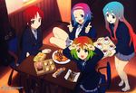  akiyama_mio aqua_hair black_hair blazer blue_eyes brown_eyes cake duplicate food from_above gradient_hair green_hair hair_ornament hairband hairclip hirasawa_yui indoors jacket k-on! kotobuki_tsumugi laughing long_hair looking_up miniskirt multicolored_hair multiple_girls non-web_source one_eye_closed orange_hair pantyhose pleated_skirt pose red_hair ribbon school_uniform shoes short_hair sitting skirt smile socks standing tainaka_ritsu third-party_edit two-tone_hair 