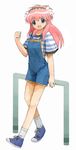  :d alternate_costume bad_id bad_pixiv_id blue_eyes contemporary galaxy_angel long_hair milfeulle_sakuraba nyama open_mouth overalls pink_hair shirt shoes smile sneakers solo striped striped_shirt 