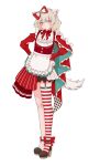  1girl absurdres animal_ear_fluff apron arm_cutout asymmetrical_legwear black_shorts blonde_hair bow braid cape dirndl facial_mark fashion fishnet_pantyhose fishnets full_body garter_straps german_clothes gloves hair_bow hands_on_own_hips high_heels highres komori_met lace-trimmed_apron lace_trim lolita_fashion medium_hair nanashi_inc. neck_ribbon overskirt pantyhose pink_hair polka_dot ribbon shorts simple_background single_garter_strap single_thighhigh solo standing striped_clothes striped_thighhighs sweet_lolita thighhighs v_ap_art virtual_youtuber vspo! white_background white_gloves zephda 