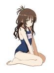  1girl brown_eyes brown_hair feet flat_chest hair_bobbles hair_ornament kan_ppang long_hair petite school_swimsuit simple_background solo swimsuit to_love-ru to_love-ru_darkness topknot yellow_eyes yuuki_mikan 