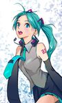  1girl amatiz aqua_eyes aqua_hair bare_shoulders detached_sleeves earrings hair_ornament hatsune_miku headphones jewelry laughing long_hair miniskirt necktie pleated_skirt shirt skirt sleeveless sleeveless_shirt smile solo tattoo twintails very_long_hair vocaloid 