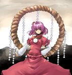  bad_id bad_pixiv_id hair_ornament leaf_hair_ornament mirror ofuro_mantarou purple_hair red_eyes rope shide shimenawa short_hair solo touhou yasaka_kanako 