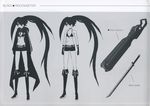  arm_cannon black_hair black_rock_shooter black_rock_shooter_(character) blue_eyes character_sheet gun highres huke jacket long_hair scar sword twintails uneven_twintails weapon 