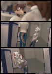 angry anthro argument blue_eyes bottomwear brown_body brown_fur canid canine canis clothing comic denim denim_bottomwear denim_clothing english_text eyewear female fur glasses griffith_(striped_sins) hair hair_strand hi_res jeans june_(striped_sins) lagomorph lance_(striped_sins) leporid male mammal office pants pattern_clothing purple_body purple_fur rabbit scarf shirt striped_clothing striped_sins stripes t-shirt text topwear url white_hair willitfit wolf