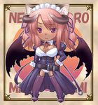  47agdragon animal_ears breasts cat_ears chibi cleavage dark_skin demon_girl demon_wings hand_on_hip horns large_breasts long_hair maid_headdress pink_hair pixiv_fantasia pixiv_fantasia_3 pointy_ears purple_eyes raised_eyebrow solo thighhighs uneven_eyes wings 