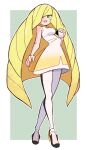  1girl :d alternate_breast_size blonde_hair blush breasts dress full_body gem green_eyes green_gemstone hand_up high_heels highres kurachi_mizuki leggings long_hair lusamine_(pokemon) nude open_mouth pokemon pokemon_sm sleeveless sleeveless_dress smile solo standing white_dress white_leggings 