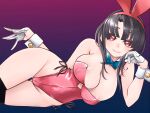  1girl animal_ear_hairband animal_ears ass_visible_through_thighs black_hair black_thighhighs blue_bow blue_bowtie bow bowtie breasts commentary_request detached_collar fake_animal_ears gloves gradient_background hairband half_gloves kantai_collection large_breasts leotard lying on_side playboy_bunny purple_background rabbit_ears red_eyes red_leotard short_hair side-tie_leotard solo strapless strapless_leotard takao_(kancolle) thighhighs udukikosuke white_gloves wrist_cuffs 