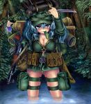  ak-47 assault_rifle backpack bag blue_eyes blue_hair breasts cirno cleavage cucumber explosive gun hair_bobbles hair_ornament hat kawashiro_nitori large_breasts machete mine_(weapon) multiple_girls okiraku_nikku panties panzerfaust rifle striped striped_panties touhou two_side_up underwear wading water weapon 