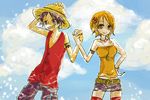  1girl happy holding_hands monkey_d_luffy nami_(one_piece) one_piece shorts smile thighhighs tora_kaede 