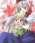  chibi dual_persona ex-keine green_hair hama_chon hat horns kamishirasawa_keine long_hair multiple_girls red_eyes silver_hair tail touhou 