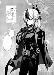 1boy 1girl absurdres blank_speech_bubble blue_archive choker commentary_request dazk demon_horns doodle_sensei_(blue_archive) ear_piercing gloves greyscale hair_between_eyes halo hand_in_pocket highres horns jacket jacket_on_shoulders kayoko_(blue_archive) long_hair long_sleeves looking_at_viewer monochrome multicolored_hair necktie outline pants parted_lips piercing sensei_(blue_archive) single_wing sketch_inset solo_focus speech_bubble standing suit suit_jacket two-tone_hair white_outline wings 