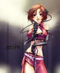  brown_eyes brown_hair character_name elbow_gloves flower gloves hair_flower hair_ornament kawagoe_pochi meiko microphone microphone_stand midriff music side_slit singing solo thorns vocaloid 