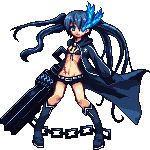  arm_cannon belt bikini_top black_hair black_rock_shooter black_rock_shooter_(character) blue_eyes boots burning_eye chain flat_chest front-tie_top full_body gloves hood jacket knee_boots long_hair lowres midriff niino pixel_art scar short_shorts shorts solo star transparent_background twintails uneven_twintails very_long_hair weapon zipper 