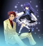  1girl blue_eyes blue_hair cat_tail dress frederica_bernkastel frills honda_tamanosuke jacket long_hair mary_janes necktie purple_eyes red_hair ribbon shoes short_hair socks tail umineko_no_naku_koro_ni ushiromiya_battler 