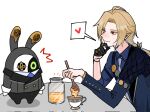anthro bangboo blonde_hair cape clothing container cup danso_0000 duo food formal_clothing hair heterochromia hi_res honey_(food) hugo_vlad humanoid long_hair male mask mihoyo necktie robin_(bangboo) tea_cup zenless_zone_zero