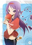  bad_id bad_pixiv_id ball bike_shorts blush hairband kugatsu_takaaki long_hair midriff original paddle pinky_out polka_dot purple_eyes purple_hair smile solo table_tennis table_tennis_ball table_tennis_paddle zoom_layer 