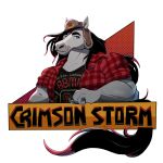 2021 absurd_res anthro badge black_hair blaze_(marking) blue_eyes broncoburro character_badge_(artwork) clothing colored crimson_storm equid equine facial_markings flannel flannel_shirt fur grey_body grey_fur hair hat head_markings headgear headwear hi_res highlights_(coloring) horse male mammal markings print_clothing print_shirt print_t-shirt print_topwear red_highlights shirt solo t-shirt topwear ushanka