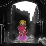  alley bad_id bad_pixiv_id blonde_hair blue_eyes child copyright_request dress lowres pillow pillow_hug pink_dress rain solo uyori 