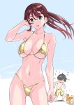  1boy 1girl ass_visible_through_thighs barking bikini black_hair blue_background breasts brown_hair chinatsu_(suzutsuki_kurara) commentary daichi_(suzutsuki_kurara) dog flying_sweatdrops gold_bikini gold_male_swimwear golden_week_bikini green_eyes hair_between_eyes hair_ornament hairclip hand_on_own_face highleg highleg_bikini highres large_breasts looking_at_animal looking_at_viewer male_swimwear navel original ponytail shiba_inu suzutsuki_kurara sweatdrop swim_trunks swimsuit thigh_gap two-tone_background white_background x_navel 