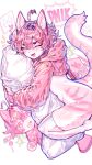 absurd_res ambiguous_gender anthro big_tail blush candy clothing cute_fangs dessert domestic_cat eyes_closed fangs felid feline felis food fur heart_symbol hi_res hug hugging_object hugging_pillow journal latex latex_clothing latex_legwear latex_thigh_highs legwear magic_dream00 mammal misspelling oversized_clothing oversized_sweater oversized_topwear pencil_(object) pillow pink_body pink_clothing pink_fur plushie solo sweater tail teeth thigh_highs topwear white_latex