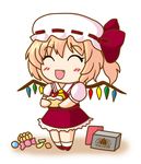  ^_^ blonde_hair cake candy chibi closed_eyes fang ferre flandre_scarlet food hat pastry short_hair solo touhou wings 