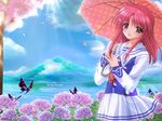  1girl blush brown_eyes butterflies butterfly cherry_blossoms flower hydrangea long_hair red_hair redhead scenery solo umbrella uniform 