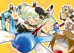  4girls :d blood breasts cleavage glomp green_hair hasegawa_shuu hat hatsune_miku hug kagamine_len kagamine_rin kaito large_breasts macloid macne_nana megurine_luka meiko multiple_boys multiple_girls nosebleed o_o open_mouth smile star tears turn_pale vocaloid 