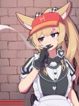  1girl absurdres against_wall alley animal_ears apron averting_eyes back_bow black_bow black_bowtie black_dress black_eyes black_gloves black_vest blonde_hair bow bowtie brick_wall bright_pupils buttons cigarette dress earrings expressionless facing_viewer fox_ears frilled_sleeves frills gloves hat heart heart_button heart_earrings high_ponytail highres holding holding_cigarette hololive jewelry long_hair multicolored_hair official_alternate_color official_alternate_costume official_alternate_hairstyle omaru_polka omaru_polka_(6th_costume) pink_hair ponytail puffy_short_sleeves puffy_sleeves red_hat shirt short_sleeves sideways_glance smoking solo streaked_hair upper_body vertical-striped_sleeves vest virtual_youtuber visor_cap waist_apron waitress white_apron white_pupils white_shirt yokoshima020 