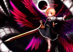  blonde_hair blush darkness energy_ball ex-rumia halo highres long_sleeves looking_at_viewer mary_janes multiple_wings no_headwear open_mouth outstretched_arm red_eyes revision ribbon rumia shirt shoes short_hair skirt skirt_set smile solo spark621 sword touhou vest weapon wings 