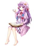  barefoot book breasts crescent cup dress full_body hair_ribbon hat highres long_hair looking_at_viewer medium_breasts momoko_(momopoco) patchouli_knowledge puffy_sleeves purple_dress purple_eyes purple_hair ribbon sitting smile solo striped striped_dress teacup touhou transparent_background 