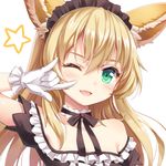  ;d \m/ animal_ears blonde_hair choker elin_(tera) fang frills gloves green_eyes long_hair lowres maid maid_headdress momoko_(momopoco) one_eye_closed open_mouth ribbon_choker seikan_hikou smile solo star tera_online white_gloves 