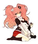  bad_id bad_pixiv_id bow breasts cleavage danganronpa danganronpa_1 enoshima_junko hair_bow hair_ornament long_hair medium_breasts monokuma necktie pink_hair school_uniform skirt sleeves_rolled_up smile spoilers temk twintails 