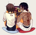  agent_aa anger_vein bad_id bad_pixiv_id black_hair brown_hair controller dark_skin dark_skinned_male game_controller gamepad jotman multiple_boys playing_games scp-076-2 scp_foundation shirtless sitting tattoo tetris towel towel_around_neck 